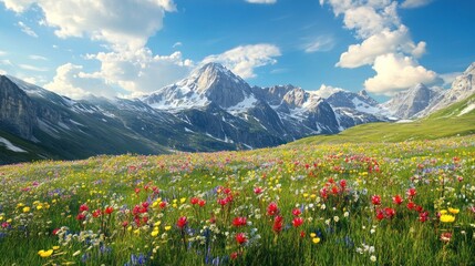 Fototapeta premium Mountain meadow filled with wildflowers under a vibrant blue sky. Snow-capped peaks in the background