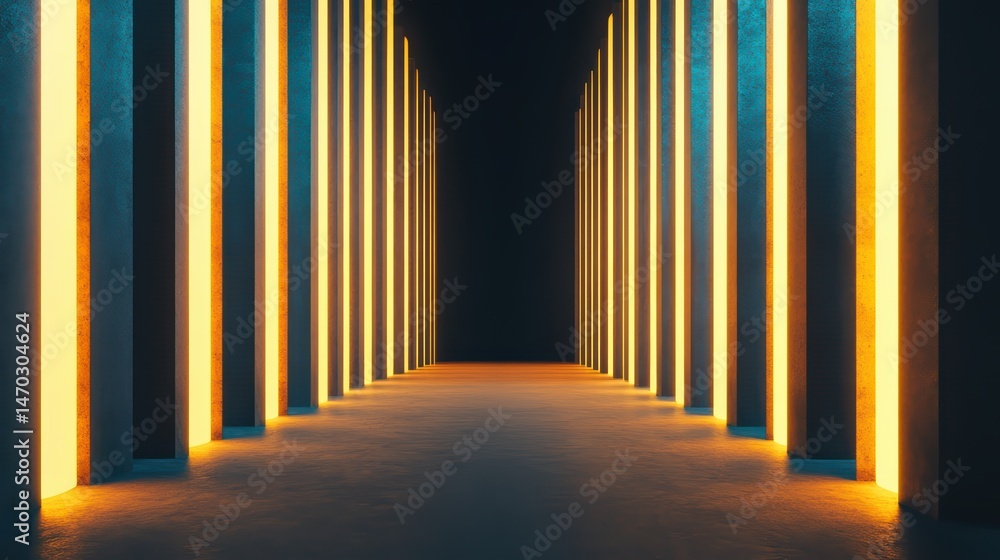Poster futuristic corridor with illuminated vertical columns creating an abstract architectural perspective