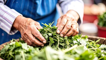 Elderly Hands Carefully Selecting Fresh Green Herbs at a Farmers Market