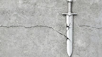 A broken sword against a cracked concrete wall