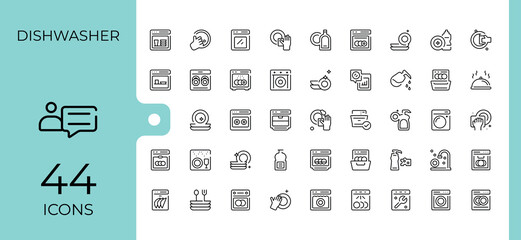 Set of Dishwasher line icon. Related to hygiene, anti-bacterial, clean, washing, bath, wash. UI icons set in a thin style. Dish icon set. Vector illustration.