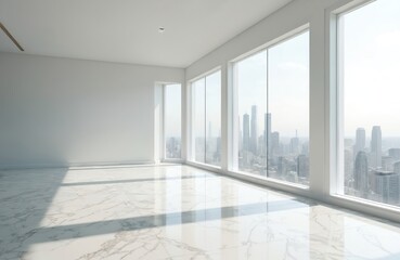 Fototapeta premium Modern white room with marble floor. City view through large panoramic windows. Bright sunlight fills interior. Empty space, minimalist design. Perfect for real estate, commercial projects. Interior
