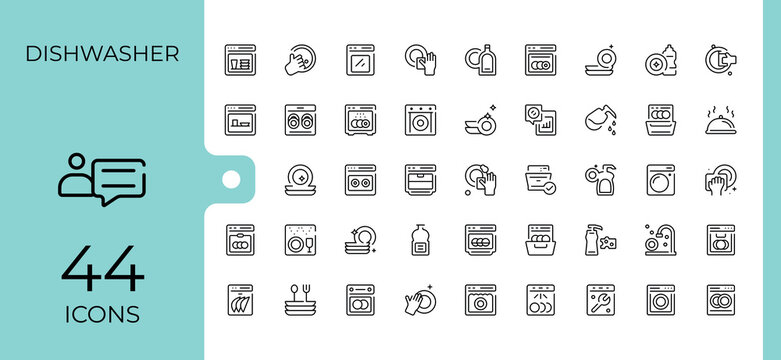 Set of Dishwasher line icon. Related to hygiene, anti-bacterial, clean, washing, bath, wash. UI icons set in a thin style. Dish icon set. Vector illustration.