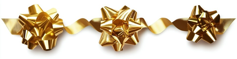 Golden Gift Bows Three Metallic Bows with Ribbon, Festive Decor, Holiday Concept, Gold Ribbon, Gift Wrapping Gift Bow, Holiday Decoration