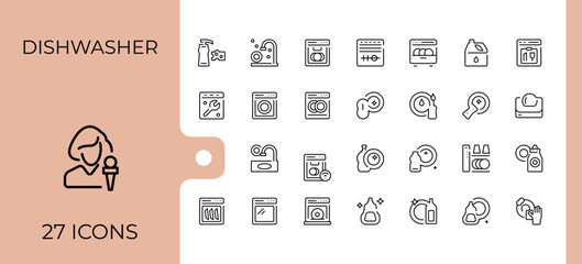 Set of Dishwasher line icon. Related to hygiene, anti-bacterial, clean, washing, bath, wash. UI icons set in a thin style. Dish icon set. Vector illustration.