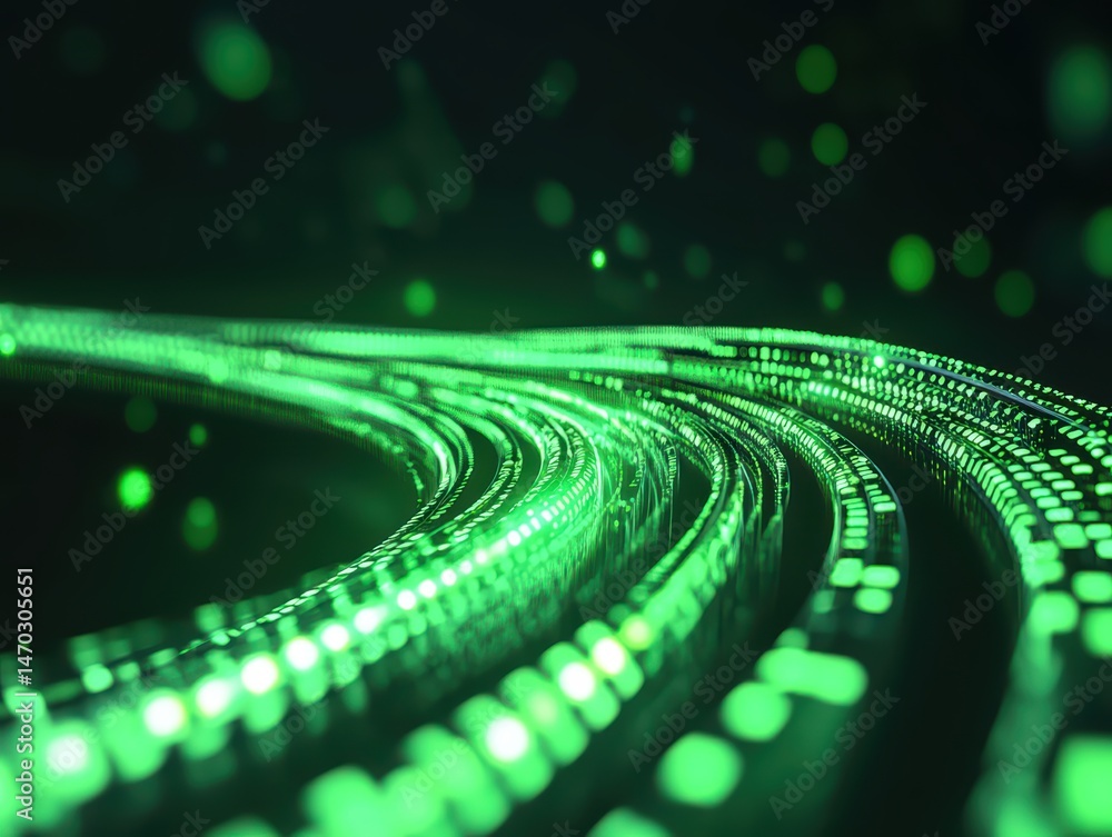 Poster glowing green curved lines with sparkles for abstract technology background or digital art