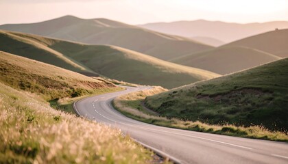 Winding Asphalt Road Through Rolling Green Hills at Sunset Scenic Countryside Drive