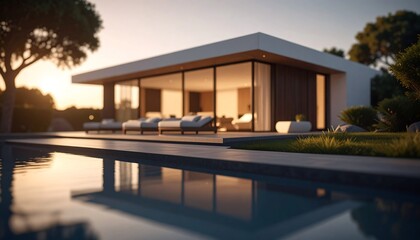 Fototapeta premium Luxurious Modern House with Infinity Pool at Sunset Stunning Architectural Design