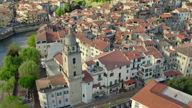 Aerial view above the Italian village of Dolceacqua in northern Italy