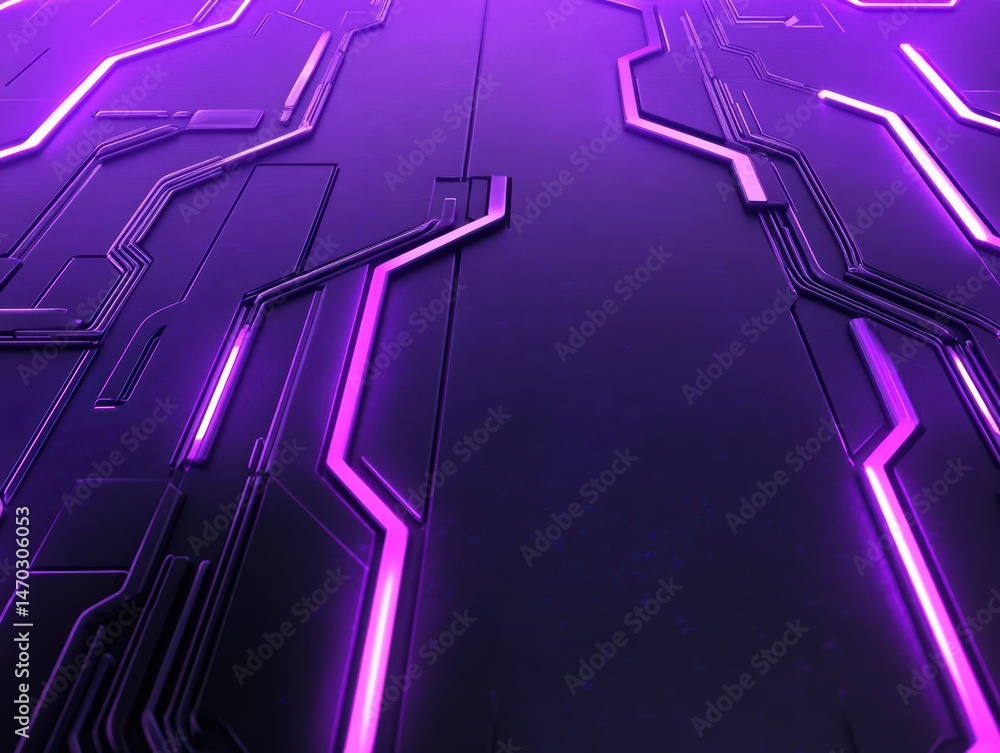 Poster futuristic digital background with glowing neon lines and circuit patterns on dark surface
