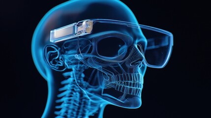 Human skull wearing augmented reality glasses shown in blue light