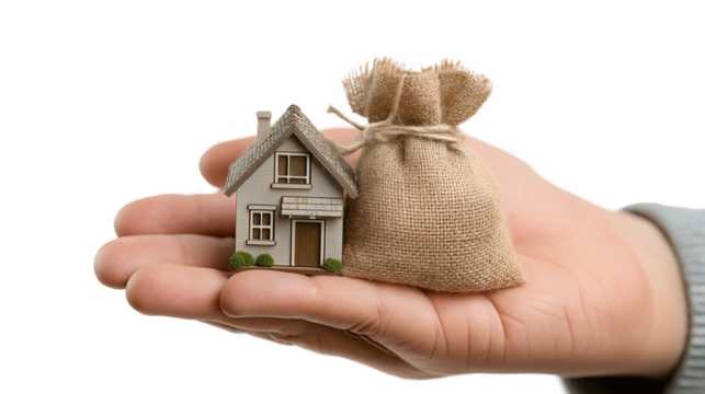 Hand Holding Money Bag Over Miniature House – Investment Concept, Transparent Background