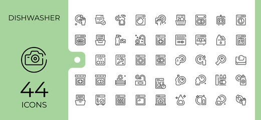 Set of Dishwasher line icon. Related to hygiene, anti-bacterial, clean, washing, bath, wash. UI icons set in a thin style. Dish icon set. Vector illustration.