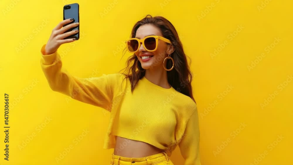 Poster a woman holding a cell phone and smiling while taking a selfie, suitable for use in articles about s