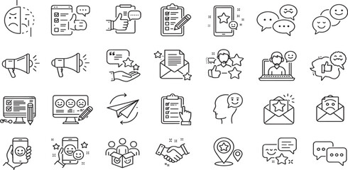 Customer feedback and testimonials editable stroke outline icons set isolated on white background flat vector illustration.