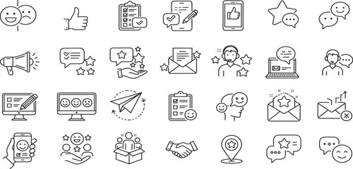 Customer feedback and testimonials editable stroke outline icons set isolated on white background flat vector illustration.