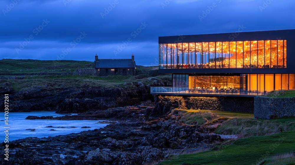 Poster modern architecture and older stone building on a coastline at dusk
