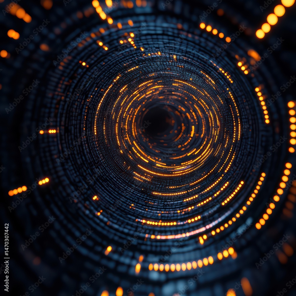 Poster abstract vortex of glowing orange dots surrounded by dark spaces in a digital futuristic pattern des