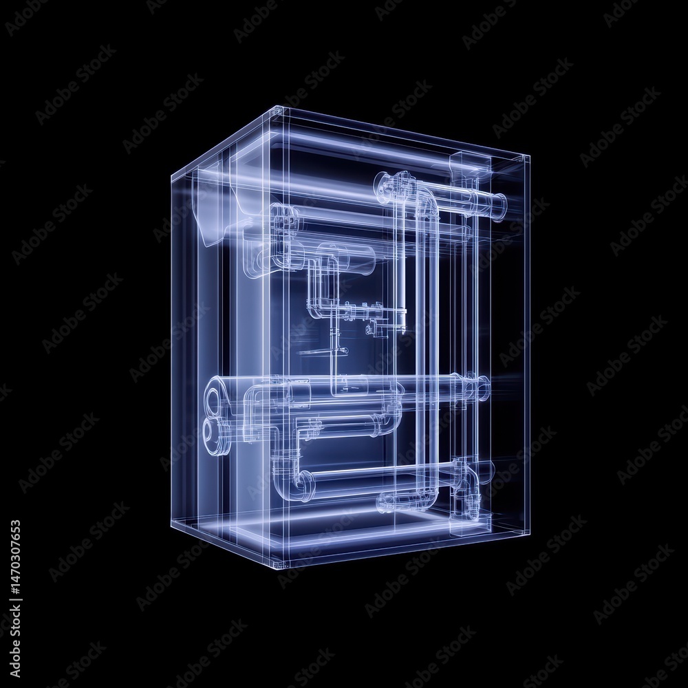Poster abstract blue transparent 3d model of pipes and tubes in a cube structure with illuminated details a