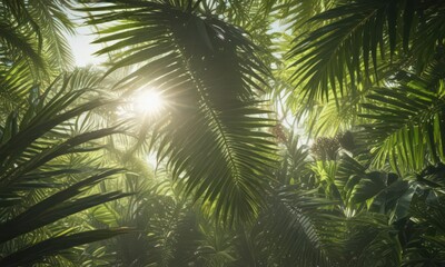 Fototapeta premium Lush green palm fronds, sunlight dappled through leaves , tropical plant, palm tree