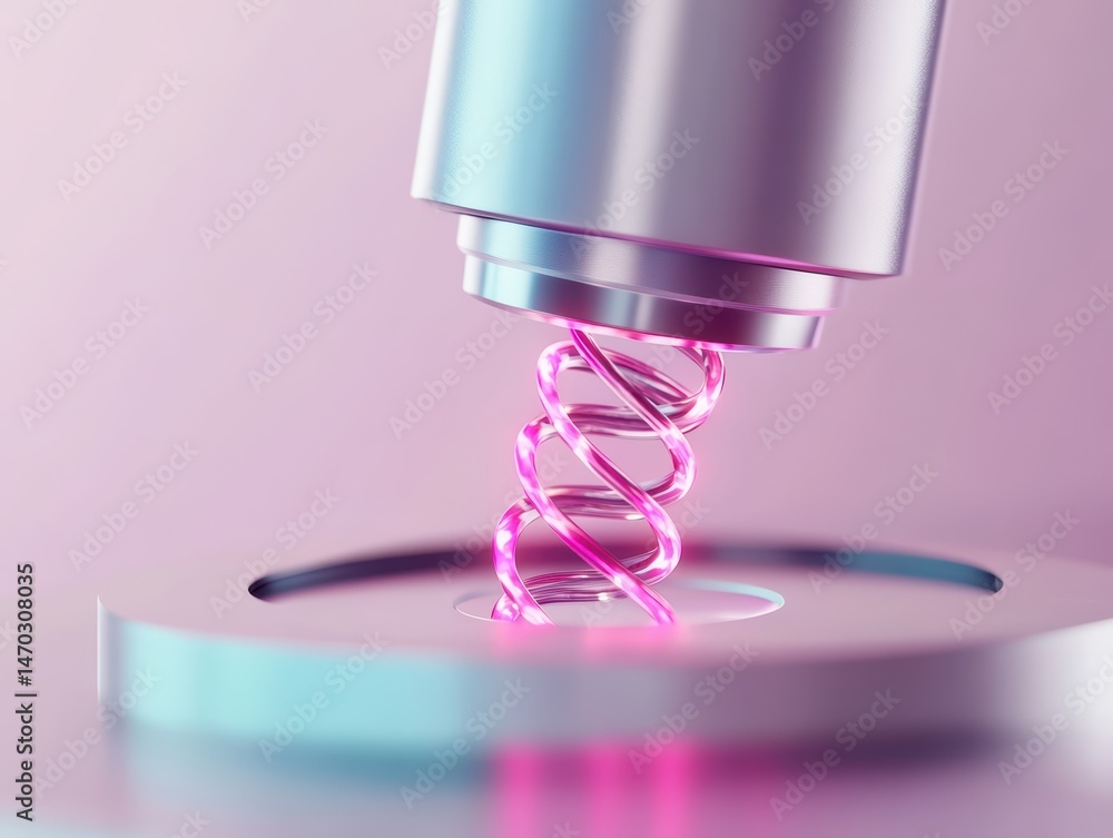 Poster futuristic microscope with advanced technology and neon spiral element captured in soft lighting env