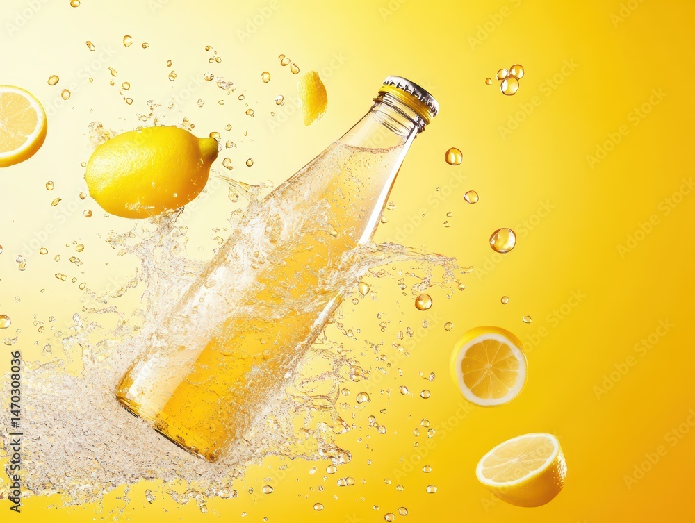 Poster refreshing lemonade splash with yellow background and lemon slices flying around in bright summer vi