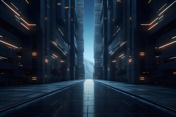 青いデジタル 未来的な構造 パターンのライト 技術的な抽象的なトンネルの3Dレンダリング