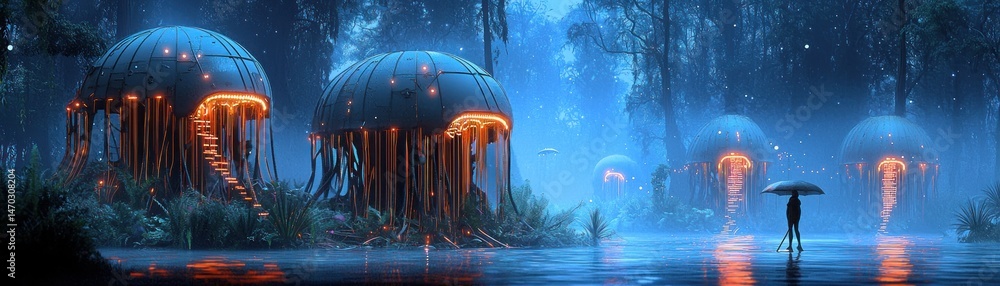 Poster illuminated futuristic structures are immersed in a wet forest landscape