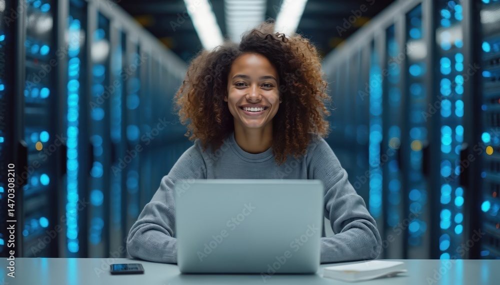 Poster smiling system administrator works laptop in server farm. woman engineer, tech specialist in data ce