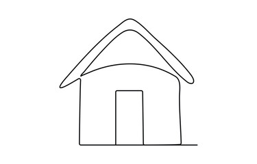 Line art landscape, village house, trees, plants, clouds and birds. Stroke, outline drawn illustration. Farm, agricultural landscape. Summer time, nature illustration,