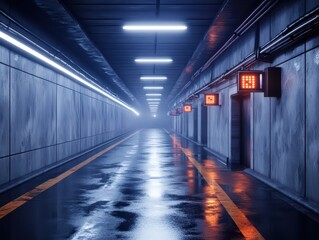 Dark and Foggy Corridor with Neon Lights and Reflections in a Futuristic Setting