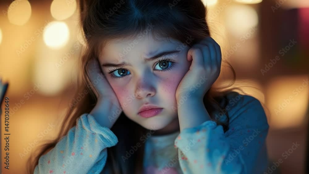 Poster a young girl sits in front of a laptop computer with a focused expression, possibly learning or doin