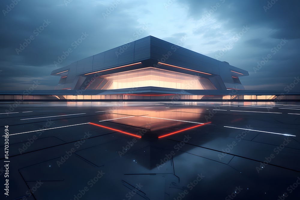 Poster 未来的な幾何学的建築構造物の夕暮れ時の反射と暗い背景に輝く光のデジタルアート