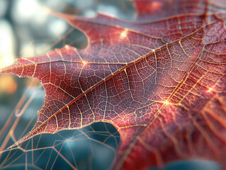 A highly detailed close-up of a maple leaf under a microscope, showcasing intricate vein structures and delicate cellular patterns. Warm evening lighting casts
