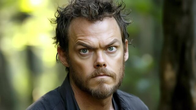 Close-up portrait of a rugged man with intense stare and messy brown hair against a blurred green forest background displaying a stern expression