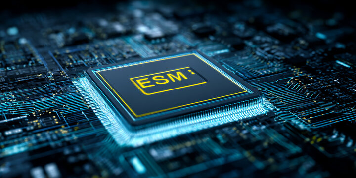 Close-up of a dark-blue microchip with glowing yellow "ESM" lettering, set against intricate circuit board detail, representing advanced technology, digital innovation, and processing power