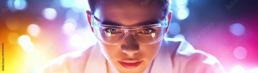Poster focused scientist with glasses in laboratory setting against colorful background
