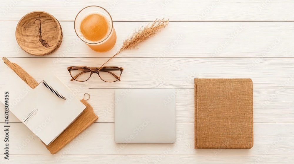 Poster various objects are arranged on a white wooden surface
