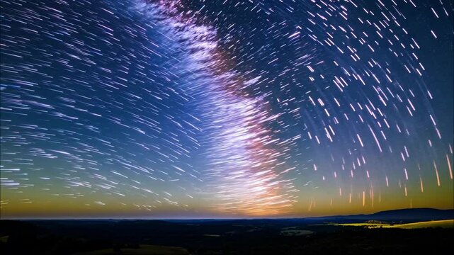 Stunning star trails illuminate the night sky over a tranquil landscape