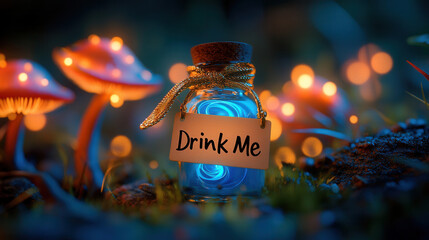 A tiny glass bottle with a swirling neon blue potion inside, "Drink Me" tag tied with a golden ribbon, resting on a glowing mushroom cap, ultra-detailed macro, cinematic depth 