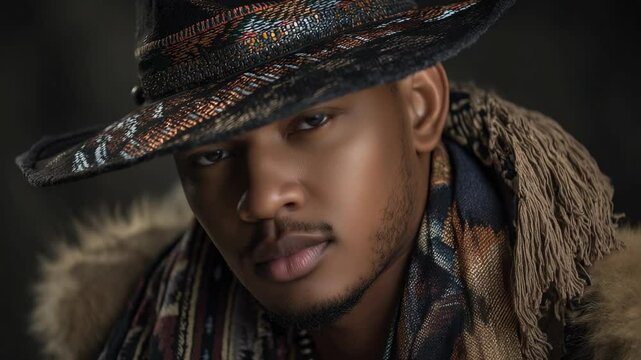 Portrait of a serene man with closed eyes wearing a patterned hat, scarf and fur-lined coat in a low-key setting, exuding calm.