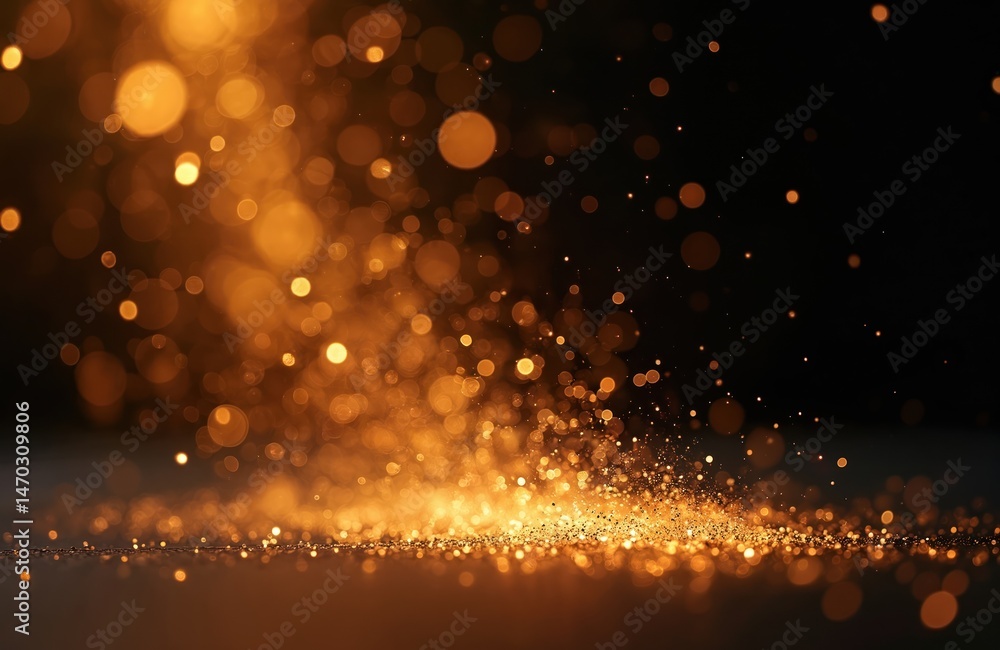 Aufkleber Organic bokeh dust particles floating on light beam against black background. Glittering sparkling overlay effect with high quality. Abstract golden dust explosion with flying particles on dark