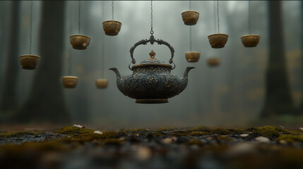 An elegant Victorian-style teapot hovering above a mossy forest floor, pouring endless golden tea into floating cups, ultra-detailed macro photography 