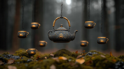 An elegant Victorian-style teapot hovering above a mossy forest floor, pouring endless golden tea into floating cups, ultra-detailed macro photography  