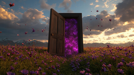 An antique wooden door standing alone in the middle of a meadow, slightly ajar, revealing a swirling purple galaxy inside, surreal lighting, soft cinematic shadows 
