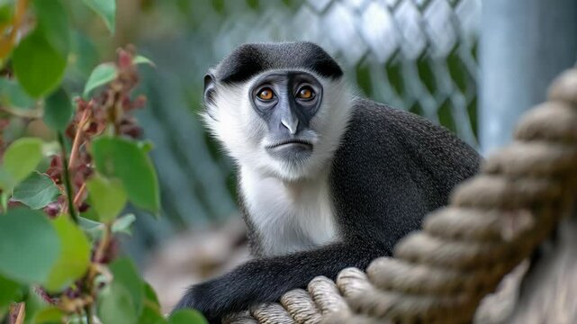 Close-up of a De Brazza's monkey resting on a rope with green leaves in the foreground, looking directly at the viewer with striking orange eyes.