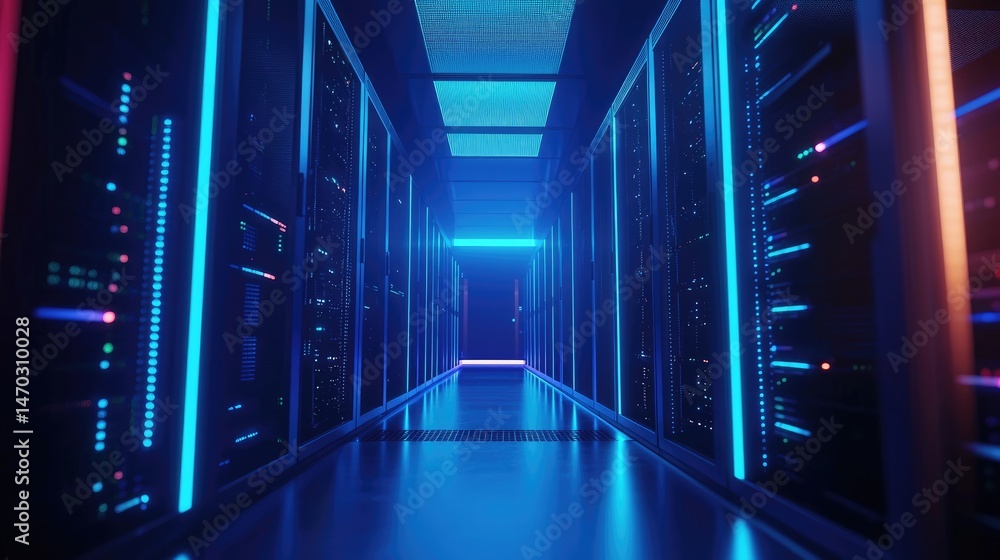 Fototapete symmetrical perspective of glowing server room corridor with blue vertical lights, ideal for visuals