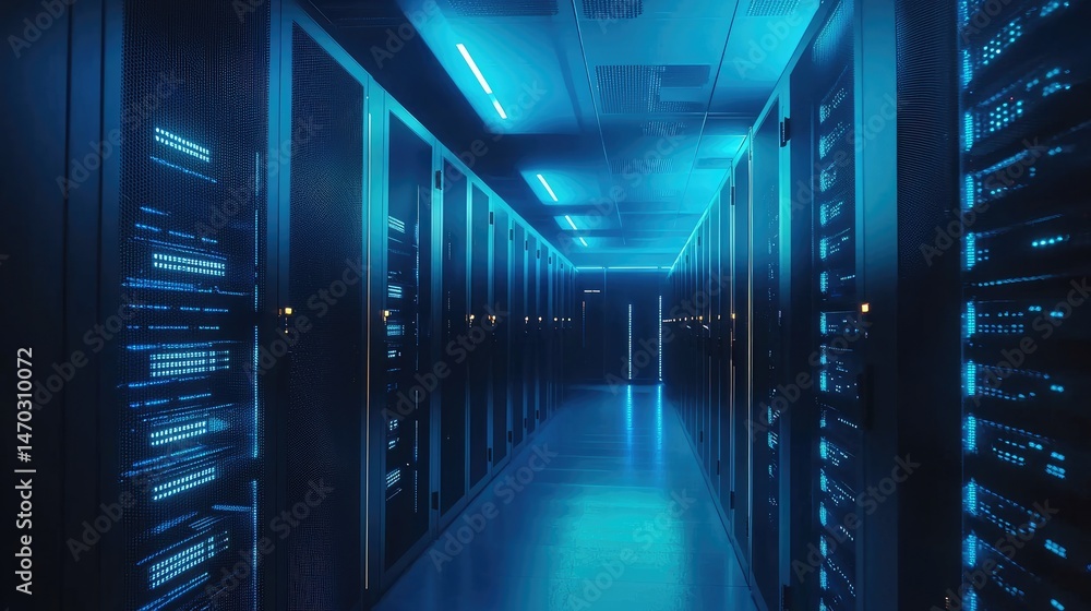 Poster High-tech server hallway illuminated with deep blue lighting and reflective surfaces, great for illustrating secure data environments or cloud infrastructure