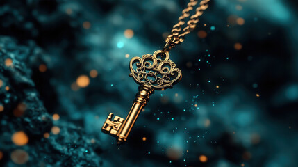 Antique golden key with intricate filigree patterns, floating mid-air, surrounded by soft glowing blue sparkles, ultra-detailed macro shot, shallow depth of field, soft fantasy lighting 