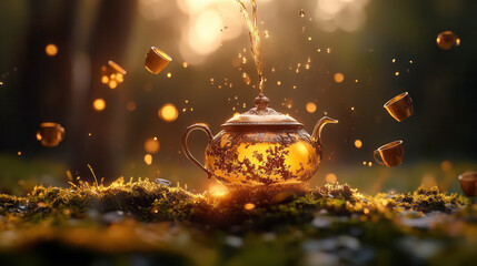An elegant Victorian-style teapot hovering above a mossy forest floor, pouring endless golden tea into floating cups, ultra-detailed macro photography 